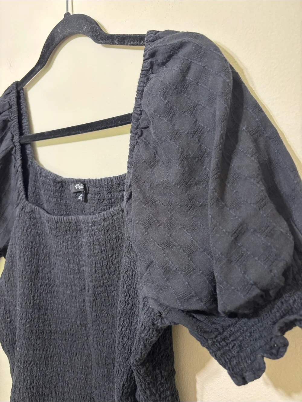 Madewell Black Smocked Puff-Sleeve Square Neck Top
